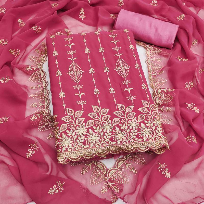 pink georgette embroidered unstitched dressmaterials 3 pair top bottom dupptaa