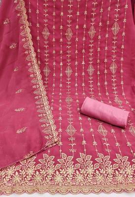 pink georgette embroidered unstitched dressmaterials 3 pair top bottom dupptaa 2