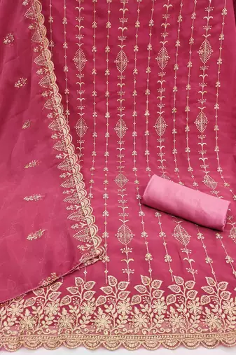 pink georgette embroidered unstitched dressmaterials 3 pair top bottom dupptaa