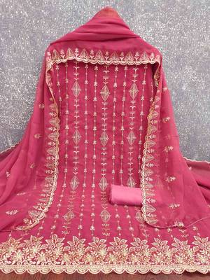 pink georgette embroidered unstitched dressmaterials 3 pair top bottom dupptaa 3