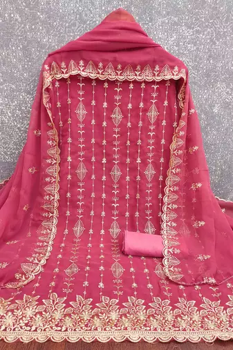 pink georgette embroidered unstitched dressmaterials 3 pair top bottom dupptaa