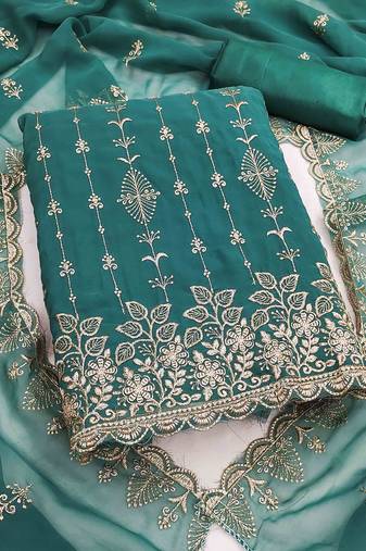 teal georgette embroidered unstitched dressmaterials 3 pair top bottom dupptaa