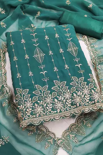 teal georgette embroidered unstitched dressmaterials 3 pair top bottom dupptaa