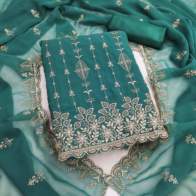 teal georgette embroidered unstitched dressmaterials 3 pair top bottom dupptaa