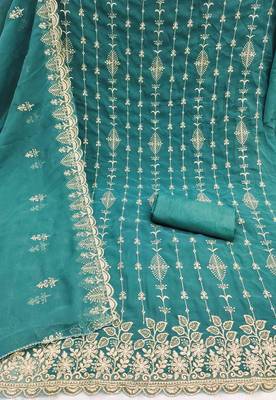 teal georgette embroidered unstitched dressmaterials 3 pair top bottom dupptaa 2