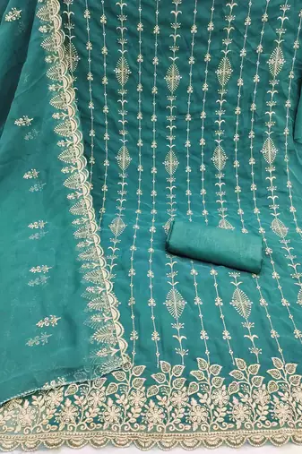 teal georgette embroidered unstitched dressmaterials 3 pair top bottom dupptaa