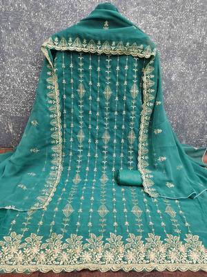 teal georgette embroidered unstitched dressmaterials 3 pair top bottom dupptaa 3