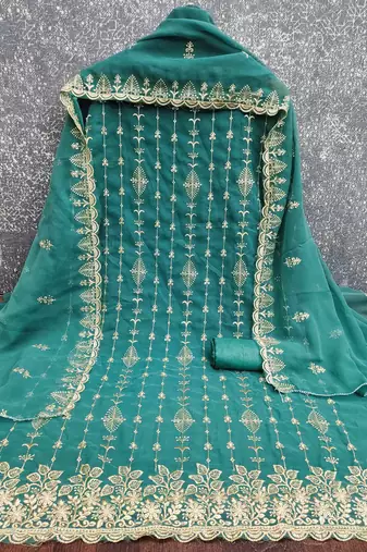 teal georgette embroidered unstitched dressmaterials 3 pair top bottom dupptaa