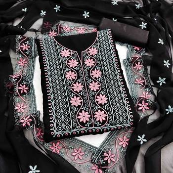 black georgette embroidered unstitched dressmaterials 3 pair top bottom dupptaa 1