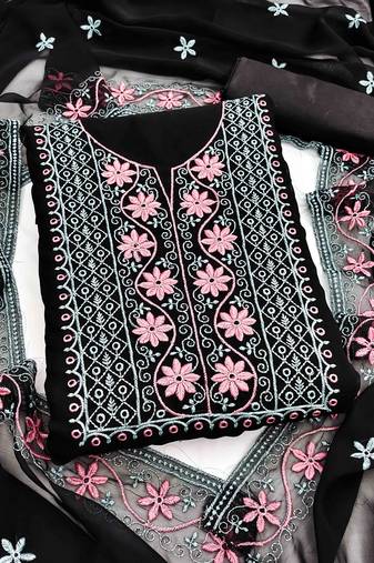 black georgette embroidered unstitched dressmaterials 3 pair top bottom dupptaa