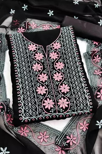 black georgette embroidered unstitched dressmaterials 3 pair top bottom dupptaa