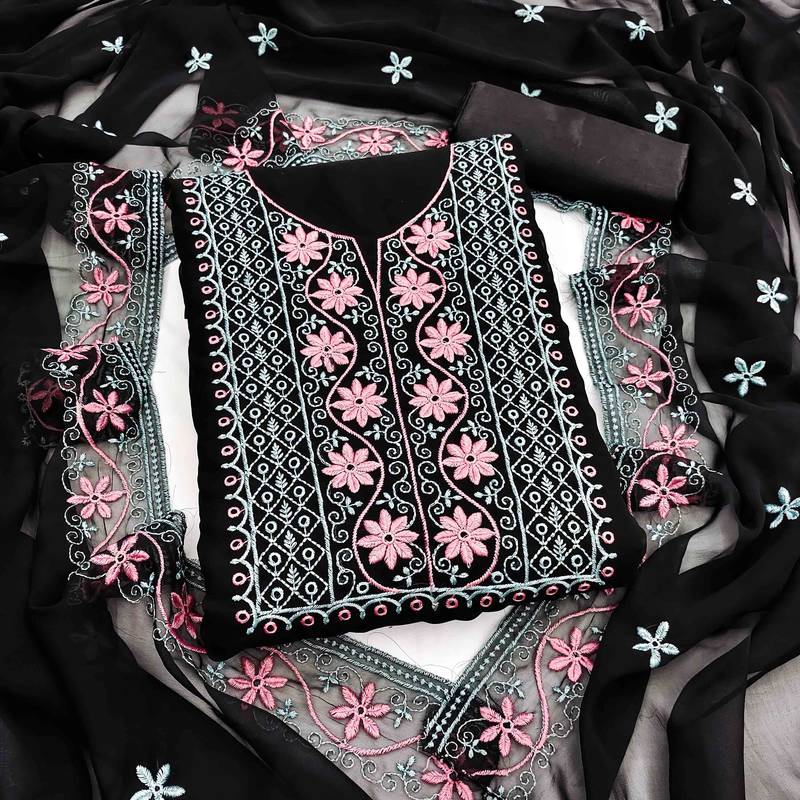 black georgette embroidered unstitched dressmaterials 3 pair top bottom dupptaa