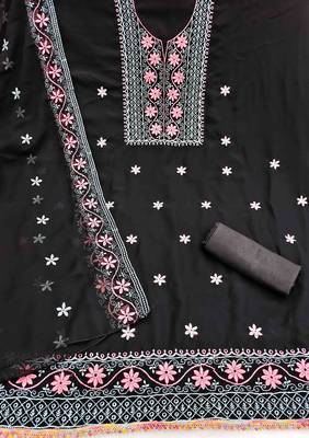 black georgette embroidered unstitched dressmaterials 3 pair top bottom dupptaa 2