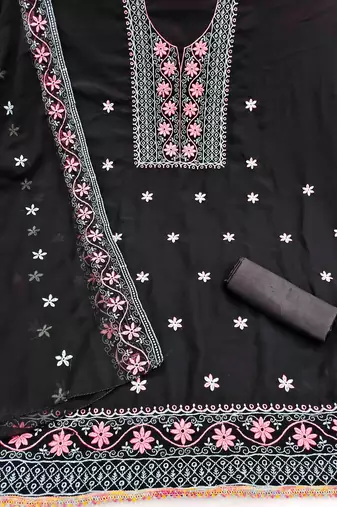 black georgette embroidered unstitched dressmaterials 3 pair top bottom dupptaa
