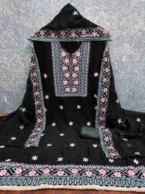 black georgette embroidered unstitched dressmaterials 3 pair top bottom dupptaa 3