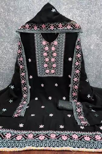 black georgette embroidered unstitched dressmaterials 3 pair top bottom dupptaa