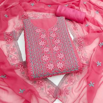 pink georgette embroidered unstitched dressmaterials 3 pair top bottom dupptaa 1