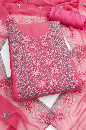 pink georgette embroidered unstitched dressmaterials 3 pair top bottom dupptaa