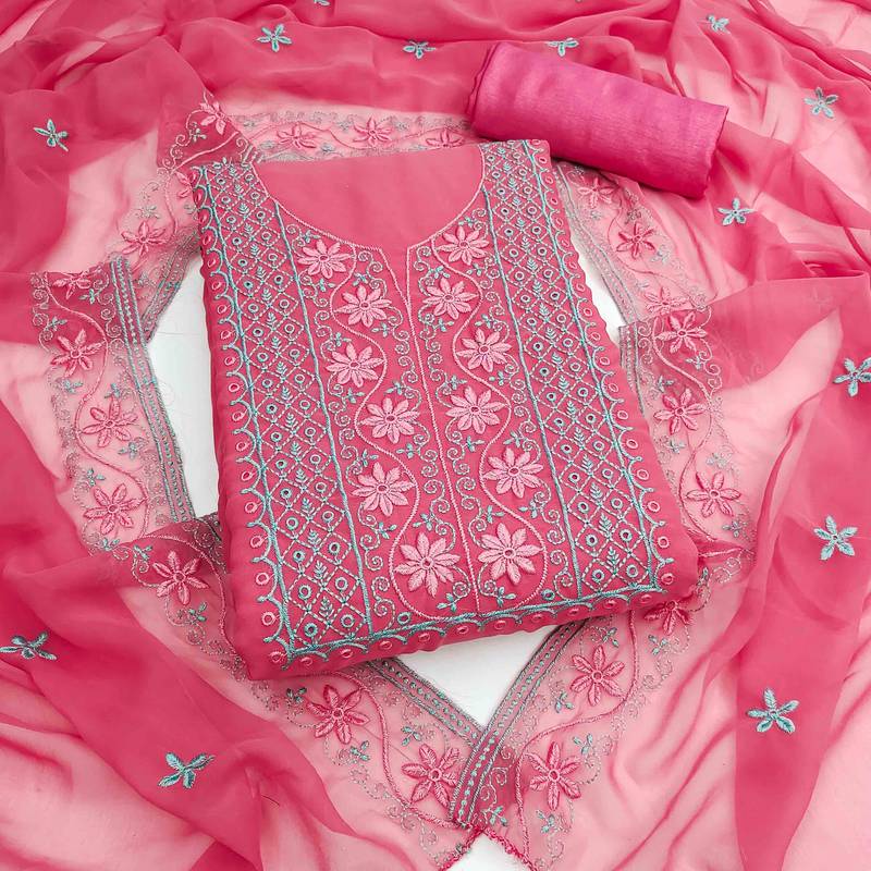 pink georgette embroidered unstitched dressmaterials 3 pair top bottom dupptaa