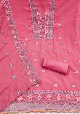 pink georgette embroidered unstitched dressmaterials 3 pair top bottom dupptaa 2