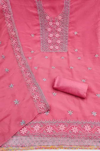 pink georgette embroidered unstitched dressmaterials 3 pair top bottom dupptaa