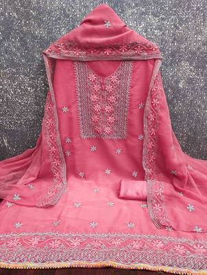 pink georgette embroidered unstitched dressmaterials 3 pair top bottom dupptaa 3