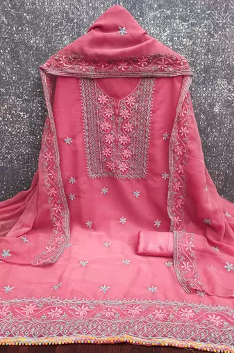 pink georgette embroidered unstitched dressmaterials 3 pair top bottom dupptaa