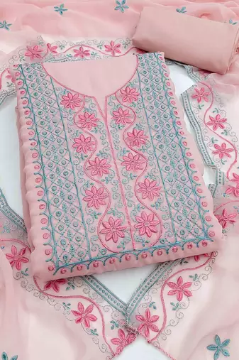pink georgette embroidered unstitched dressmaterials 3 pair top bottom dupptaa