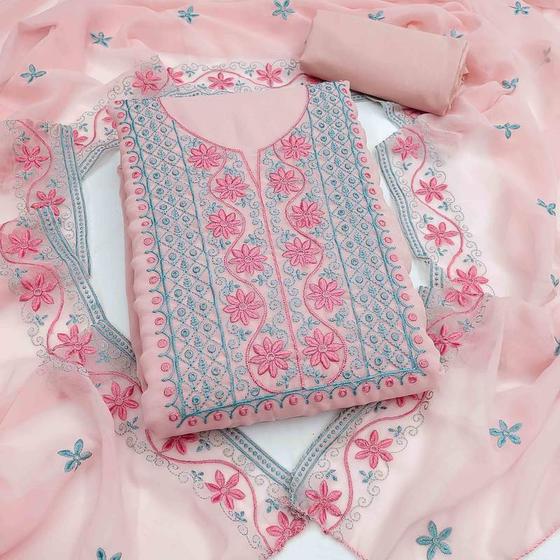 pink georgette embroidered unstitched dressmaterials 3 pair top bottom dupptaa