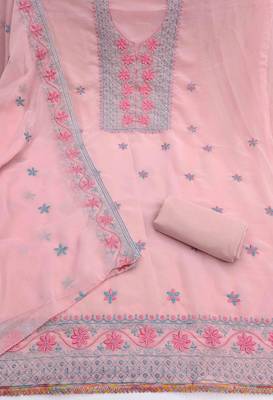 pink georgette embroidered unstitched dressmaterials 3 pair top bottom dupptaa 2