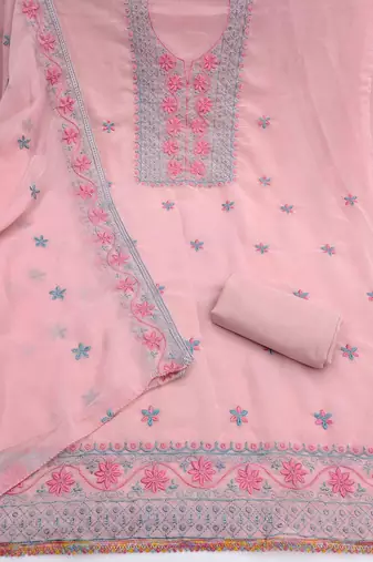 pink georgette embroidered unstitched dressmaterials 3 pair top bottom dupptaa
