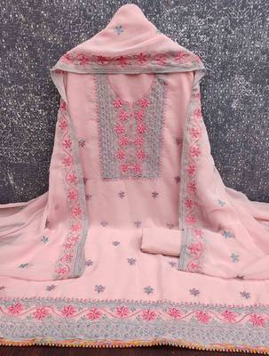 pink georgette embroidered unstitched dressmaterials 3 pair top bottom dupptaa 3