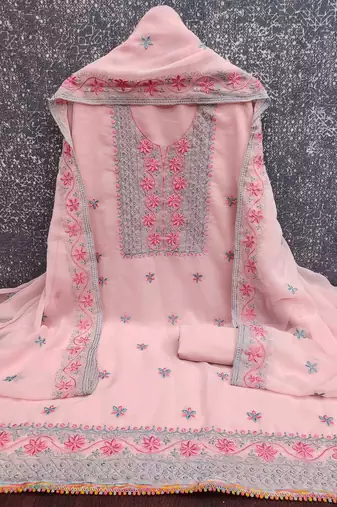 pink georgette embroidered unstitched dressmaterials 3 pair top bottom dupptaa