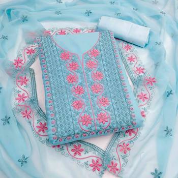 teal georgette embroidered unstitched dressmaterials 3 pair top bottom dupptaa 1