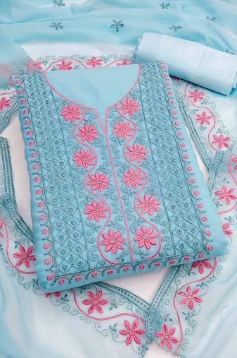 teal georgette embroidered unstitched dressmaterials 3 pair top bottom dupptaa