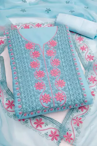 teal georgette embroidered unstitched dressmaterials 3 pair top bottom dupptaa