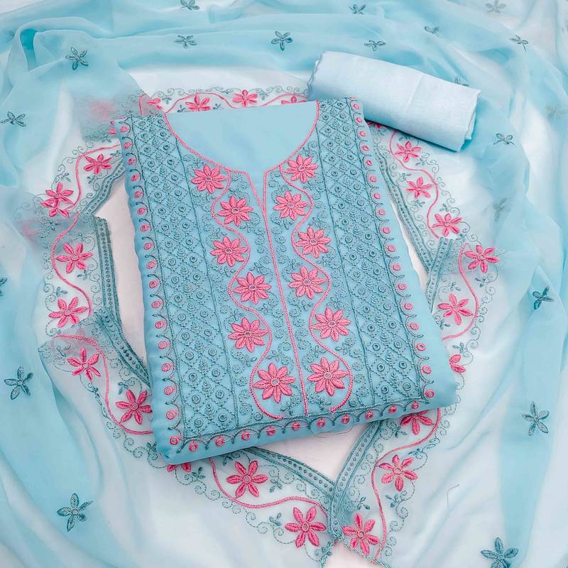 teal georgette embroidered unstitched dressmaterials 3 pair top bottom dupptaa