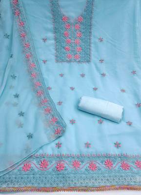 teal georgette embroidered unstitched dressmaterials 3 pair top bottom dupptaa 2