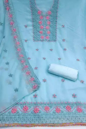 teal georgette embroidered unstitched dressmaterials 3 pair top bottom dupptaa