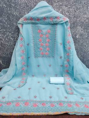 teal georgette embroidered unstitched dressmaterials 3 pair top bottom dupptaa 3