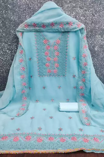 teal georgette embroidered unstitched dressmaterials 3 pair top bottom dupptaa