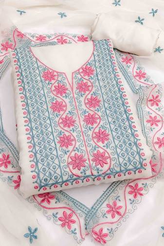 white georgette embroidered unstitched dressmaterials 3 pair top bottom dupptaa