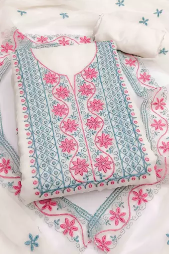 white georgette embroidered unstitched dressmaterials 3 pair top bottom dupptaa