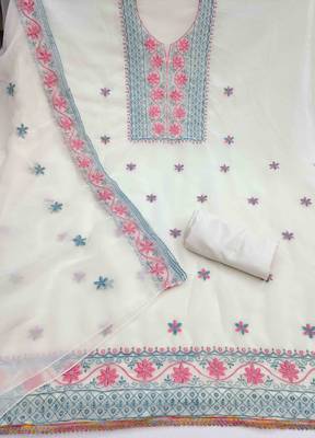 white georgette embroidered unstitched dressmaterials 3 pair top bottom dupptaa 2