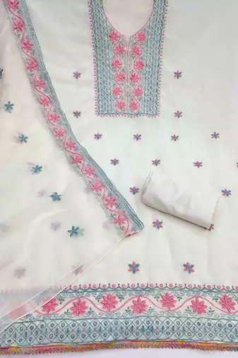 white georgette embroidered unstitched dressmaterials 3 pair top bottom dupptaa