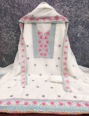 white georgette embroidered unstitched dressmaterials 3 pair top bottom dupptaa 3