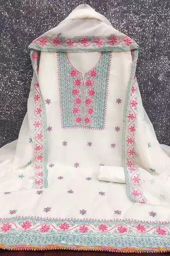 white georgette embroidered unstitched dressmaterials 3 pair top bottom dupptaa