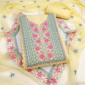 yellow silk blend embroidered unstitched dressmaterials 3 pair top bottom dupptaa 1
