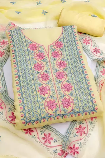 yellow silk blend embroidered unstitched dressmaterials 3 pair top bottom dupptaa