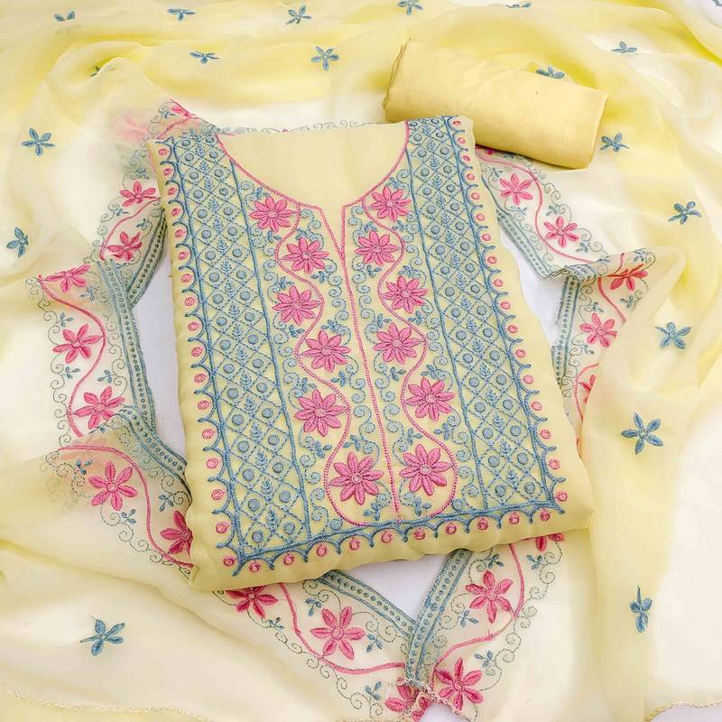 yellow silk blend embroidered unstitched dressmaterials 3 pair top bottom dupptaa